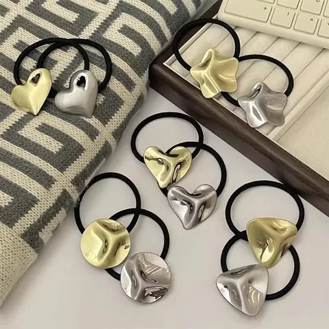 Elastic Hair Ties Minimalist Alloy Geometric Heart Star Round Triangle Retro Metal Hair Ropes For Women Ponytail Holder