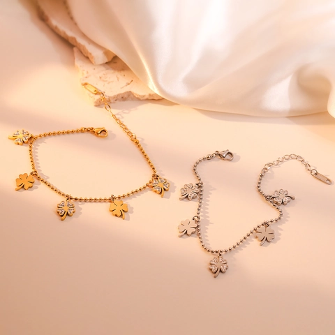 Clover Charm Bracelet Stainless Steel Zircon Inlaid Gold Plated Ball Chain Versatile Fashion For Women