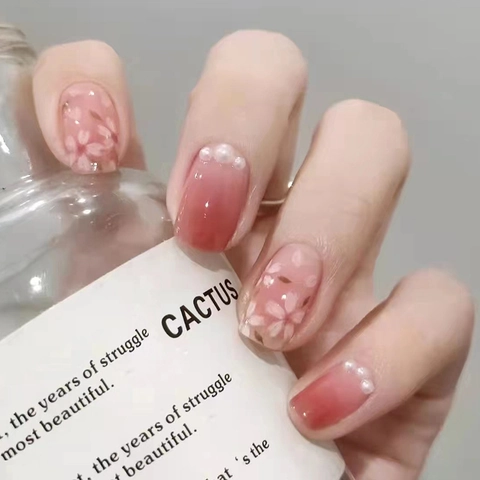 Kurze Quadratisch Runde Plastik Press On Nägel Pinker Kirschblüten Farbverlauf Mit Künstliche Perlen Deko Elegante Süße Falsche Nägel