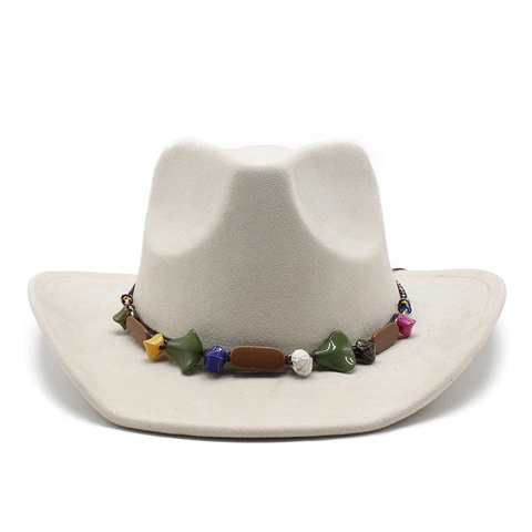 Western Cowboy Hat Suede Polyester Wide Brim Fedora With Ethnic Braided Band Colorful Stones Vintage Style For Men Women