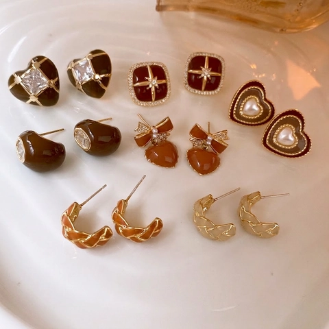 Vintage Enamel Heart Floral Geometric Stud Earrings With 925 Sterling Silver Earring Post French Elegant Jewelry For Women