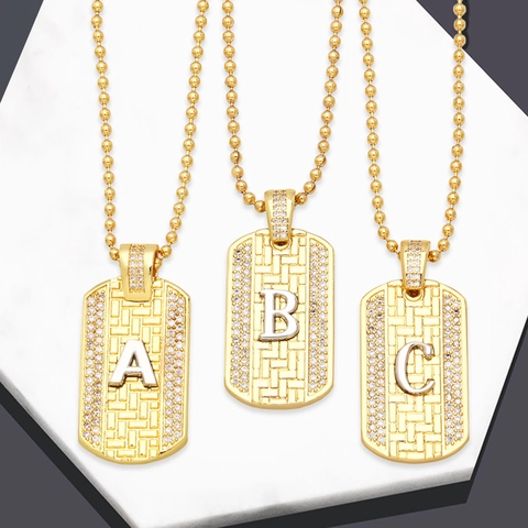 Hip Hop Capital Letter Pendant Necklace Micro Paved Zircon Rectangular Dog Tag Initial 18K Gold Plated Ball Chain Jewelry