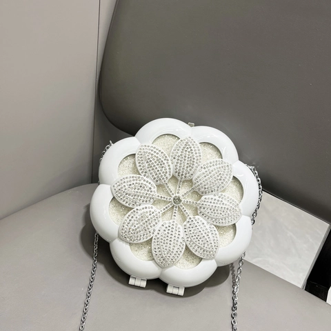 Flower Shaped Evening Bag With Rhinestone And Acrylic Shell Women Party Clutch Crossbody Handbag With Metal Chain