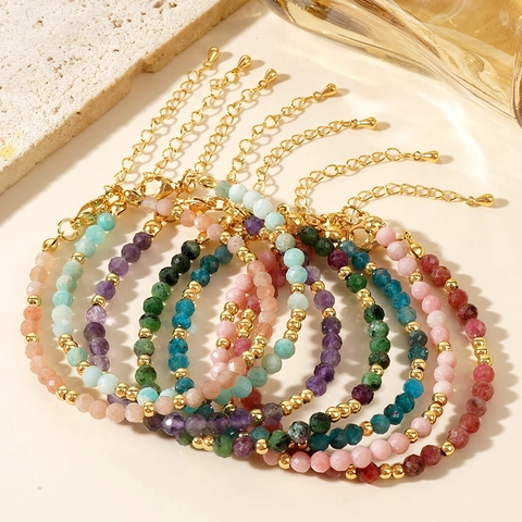 Faceted Natural Semi Precious Stone Beaded Bracelet Gold Plated Alloy Accents Adjustable Jewelry Women Bohemian Style
