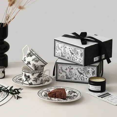 Vintage Ceramic Coffee Cup And Saucer Floral Bird Illustration High Appearance Korean Style Afternoon Tea Gift Box