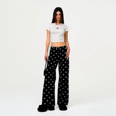 Women Pure Cotton Wide Leg Jeans All Over Cross Flower Print High Waisted Loose Streetwear Denim Pants Casual