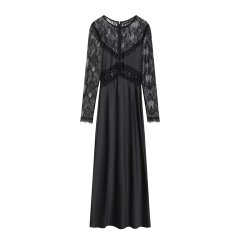 Elegante Abito Maxi Nero Da Donna Con Patchwork Di Pizzo E Maniche Lunghe Abito Da Sera In Raso