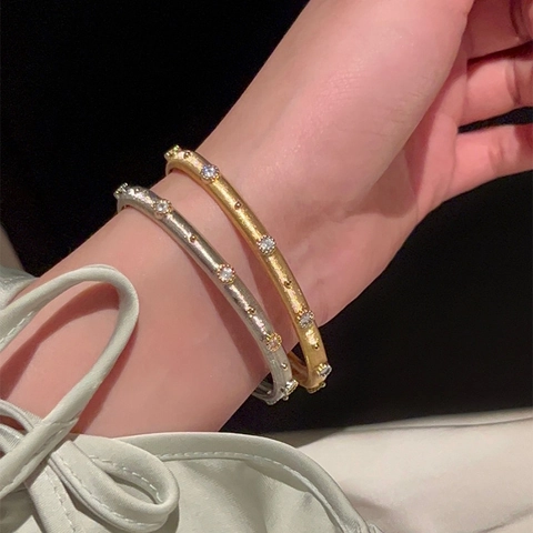 Brazalete de Circonia Cepillada de Lujo Francés Elegante Estilo Palacio Chapado en Oro Pulsera de Cobre Joyería Regalo Mujer Accesorio Moda