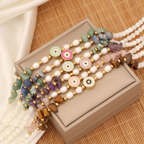 Evil Eye Anhänger Halskette Mit Naturstein Und Süßwasserperle Edelstahl Böhmischer Schmuck Für Damen