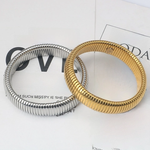 Stainless Steel Elastic Wide Bangle Tubogas Ribbed Stripe Bracelet For Men Women Minimalist Jewelry