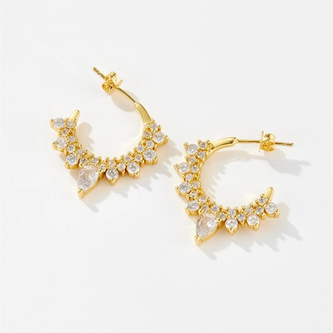 Fashion Copper Irregular C-Shaped Hoop Earrings For Women Luxury Rhinestone Geometric Stud Earrings Daily Commute Jewelry