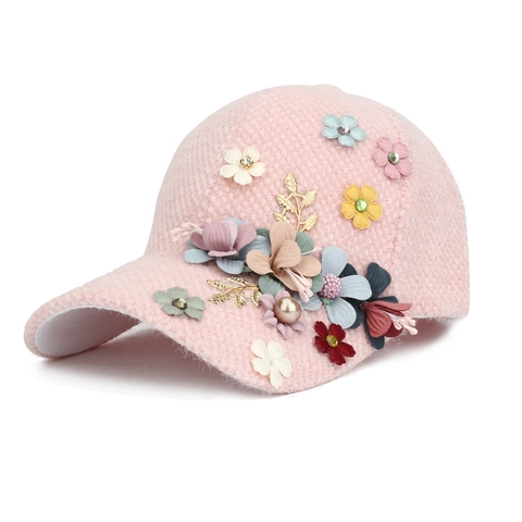 Women Winter Baseball Cap Rabbit Hair Blend Handmade 3D Fabric Flower Rhinestone Faux Artificial Pearl Fashion Warm Peaked Hat