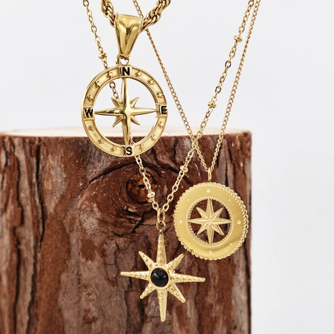 Collana a Bussola in Acciaio Inossidabile Placcato Oro Pendente Stella a Otto Punte Stella Fortunata Gioielli Unisex