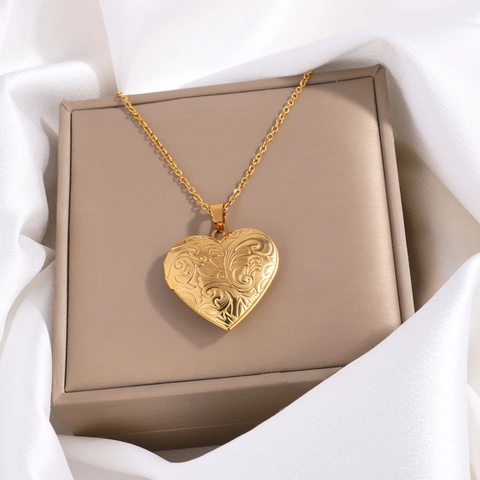 Hart Medaillon Ketting Roestvrij Staal Gegraveerd Bloemen Vintage Openbare Fotolijst Hanger Voor Dames