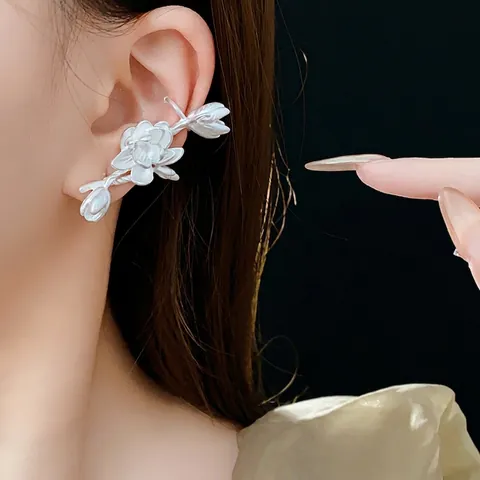 Σκουλαρίκια Lotus Flower Ear Cuff Με Βάση Από Ασήμι 925 Ματ Χαλκός Κινεζικό Στυλ Για Γυναίκες