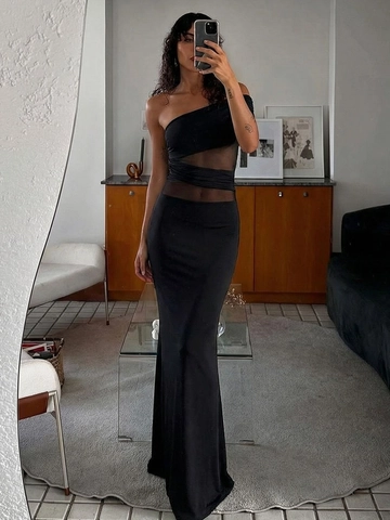 Sexy One Shoulder Maxi Dress For Women Mesh Patchwork Bodycon See Through Long Evening Party Gown Elegant Polyester