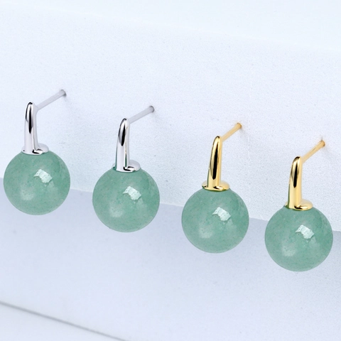 925 Argent Sterling Aventurine Jade Boucles d'Oreilles Clous Rondes Rétro Français Minimaliste Elégant Pierre Verte Bijoux Femme