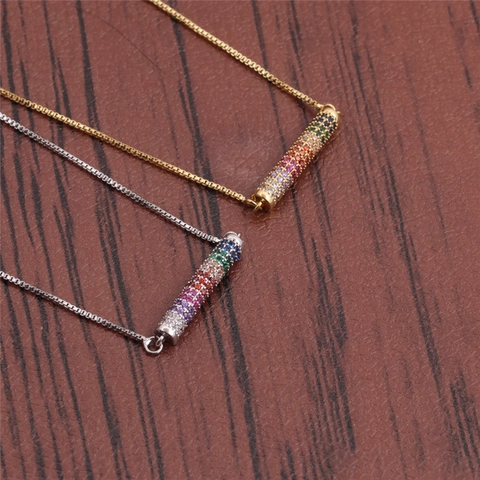 Rainbow Colorful Zircon Pendant Necklace Copper Micro Pave Bent Tube Bar Minimalist Fashion Jewelry For Women
