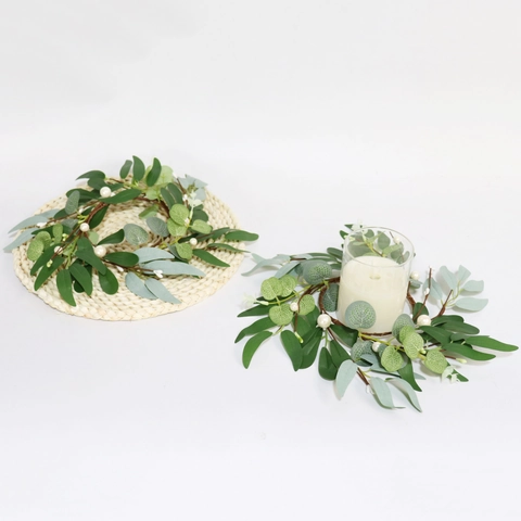 Artificial Eucalyptus Willow Leaf Candle Ring Wreath Satin Greenery With Faux Artificial Pearls For Wedding Home Table Decor