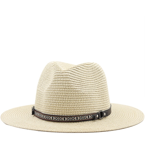 Cappello Di Paglia Fedora A Tesa Larga Traspirante Fascia Geometrica Etnica All'Aperto Estate Spiaggia Donne Uomini