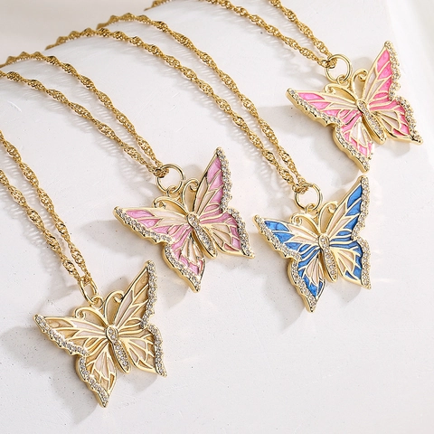 Butterfly Pendant Necklace Copper 18K Gold Plated Zircon Enamel Wings Elegant Jewelry For Women