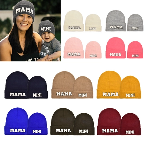 Parent Child Beanie Knit Hat Acrylic Warm Winter Outdoor MAMA MINI Letter Patch Matching Family Headwear