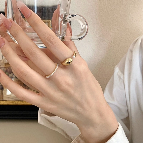 Gold Plated Copper Artificial Pearl Open Rings Minimalist Adjustable Geometric Jewelry Elegant French Style Finger Rings For Women
