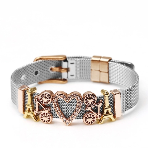 Stainless Steel Mesh Band Bracelet For Women With Alloy Heart Best Friend Charms Adjustable Fashion Bangle Jewelry