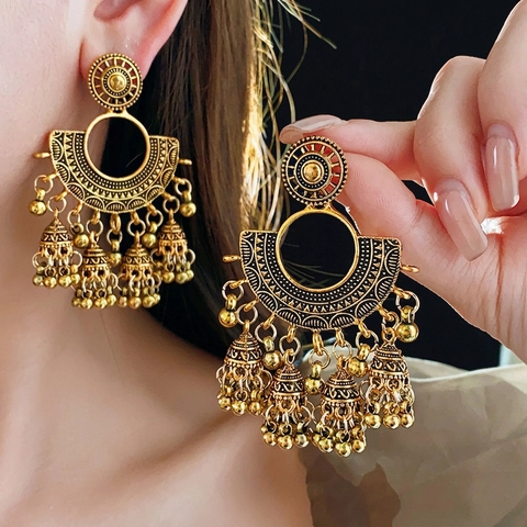 Orecchini Pendenti Jhumka Vintage Lega Cavo A Forma Di Ventaglio Con Perno In Argento Nappa A Campanello Stile Palazzo Etnico Donne