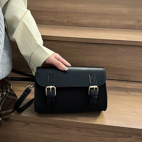 Retro Damen Umhängetasche PU Leder Wildleder Spleißen Doppel Schnalle Klappdeckel Magnetverschluss Kleine Tasche