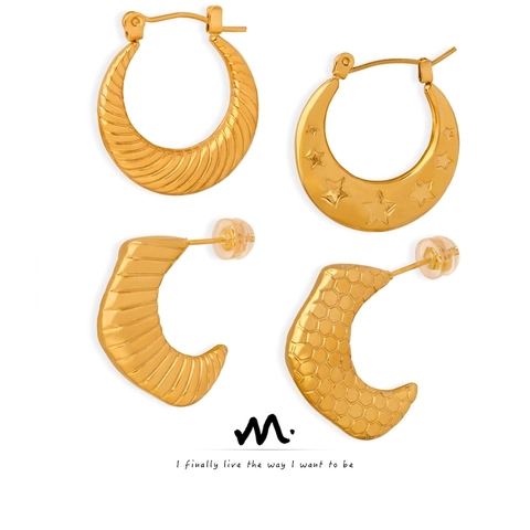 Orecchini a Cerchio in Acciaio al Titanio Placcati Oro per Donna Geometrici Strutturati a Stella a Nido d'Ape Gioielli alla Moda a Forma di C