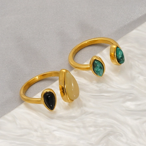 Offener Verstellbarer Ring Edelstahl 18K Vergoldet Natürlicher Schwarzer Onyx Grüner Stein Wassertropfen Vintage Schmuck