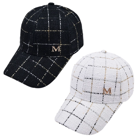 Gorra De Béisbol De Tweed A Cuadros Con Letra M De Metal Visera Curva Sombrero De Sol Elegante Estilo Vintage