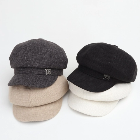 Cappello Da Strillone Da Donna Vintage Britannico Autunno Inverno Cappello Ottagonale Decorazione Lettera M Metallo Texture Lana Berretto Elegante