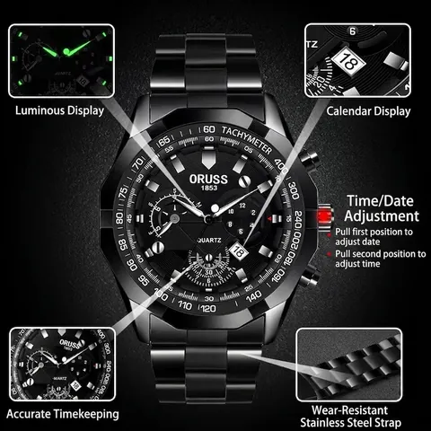 Men's Business Quartz Watch Stainless Steel Alloy Band Waterproof Luminous Chronograph Wristwatch with Calendar and Tachymeter for Daily Office Use