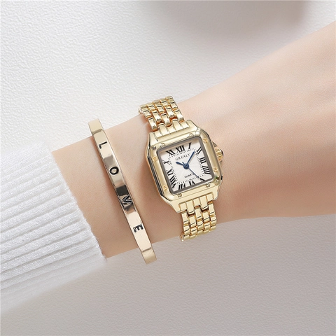 Orologio Al Quarzo Quadrato E Bracciale Per Donne Con Cinturino In Acciaio Legato Numeri Romani Lancette Blu Corona Gemma Moda Vintage