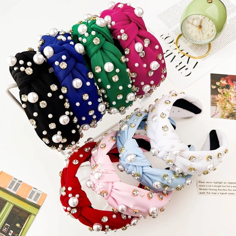 Knotted Headband With Rhinestone And Artificial Pearl Wide Fabric Hairband Retro Elegant Hair Accessory For Women