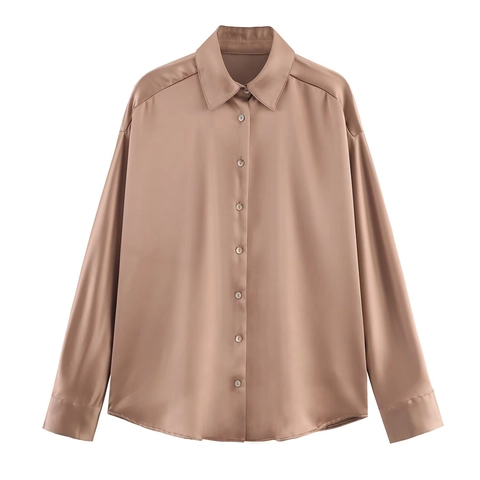 Camisa De Satén De Manga Larga Para Mujer Solapa Con Botones Elegante Blusa De Oficina Casual Color Sólido