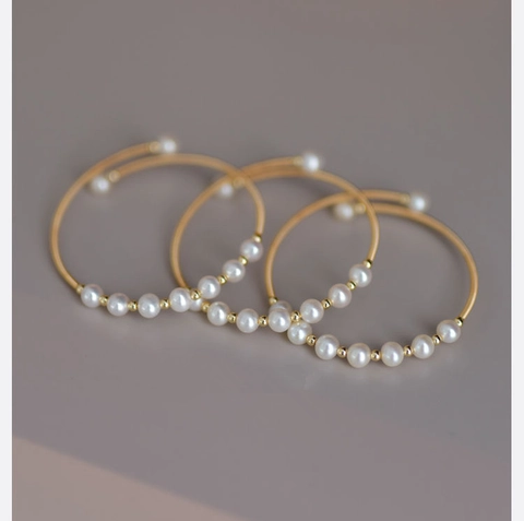 Natural Freshwater Pearl Open Bangle Bracelet Gold Colored Spiral Wire Handcrafted Minimalist Elegant Jewelry For Women
