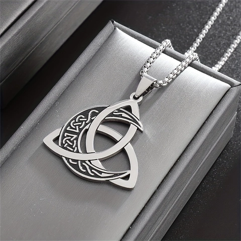 Retro Viking Triquetra Moon Phase Pendant Necklace Stainless Steel Celtic Knot Box Chain Silver Necklaces For Men Jewelry