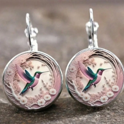 Boucles D'oreilles Crochet Français Colibri Fleurs Avec Cabochon En Verre Et Tige En Alliage De Titane Vintage Pour Femmes