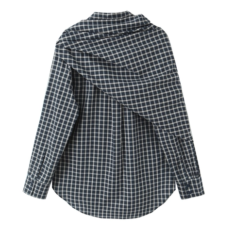 Karo Bluse Langarm Hemd Mit Schal Detail Mode Lässig Marineblau Weiß Gitter Oberteil Für Damen