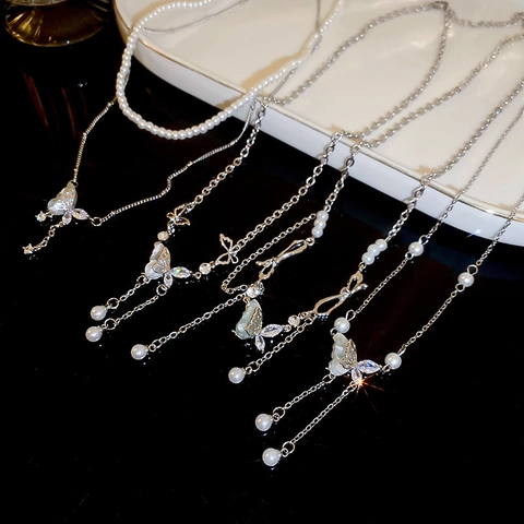 Schmetterling Anhänger Halskette Mit Kupfer Zirkon Und Künstliche Perlenimitat Quaste Y2K Stil Für Damen Silberne Farbe Schmuck