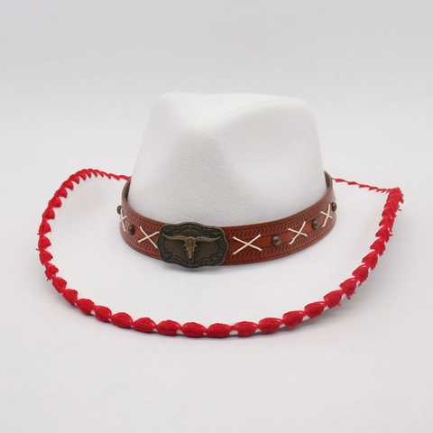 Sombrero de Vaquero Western Vintage con Hebilla de Cabeza de Toro Banda de Cuero Borde Trenzado Fedora para Hombre Mujer