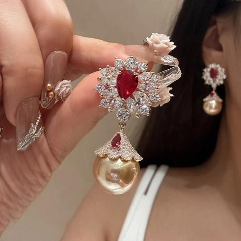 Retro Palace Drop Earrings With Red Zircon Flower And Golden Faux Artificial Pearl Silver Earring Post Luxurious Jewelry For Women