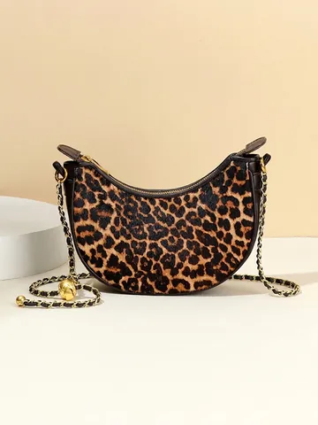 Halve Maan Schoudertas Luipaardprint Imitatiebont Gouden Ketting Crossbody Tas Voor Dames