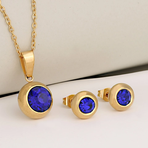 Stainless Steel Round Rhinestone Birthstone Pendant Necklace And Stud Earrings Jewelry For Women Simple Elegant Luxury
