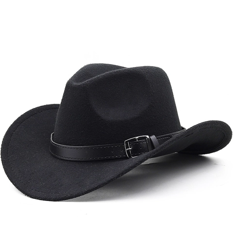 Western Cowboy Hat Wide Brim Polyester Felt Fedora With Leather Belt Metal Buckle Vintage Ethnic Style Unisex