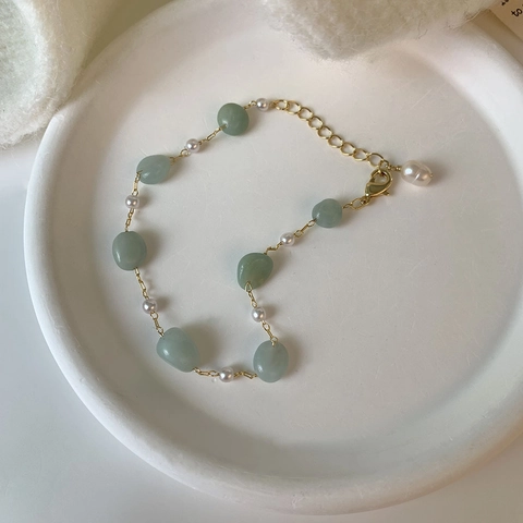 Minimalist 16K Gold Plated Copper Bracelet With Natural Green Aventurine And Freshwater Pearl Adjustable Women Jewelry