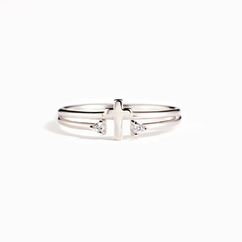 Anello Aperto in Argento Sterling 925 a Croce con Zirconia a Doppio Strato Regolabile Gioielli alla Moda Regalo per Madre Donna